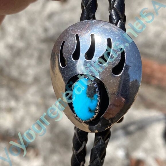 Vintage Sterling SIlver Bear Track Shadowbox Bolo Tie with Turquoise - Picture 5 of 6